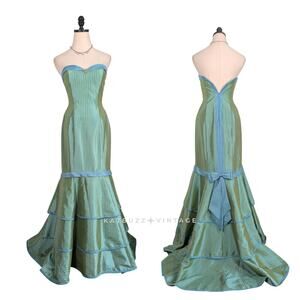 Vintage Flirt Sottero Prom Dress Maxi Gown XS Green Y2K Corset Glam Mermaid Blue